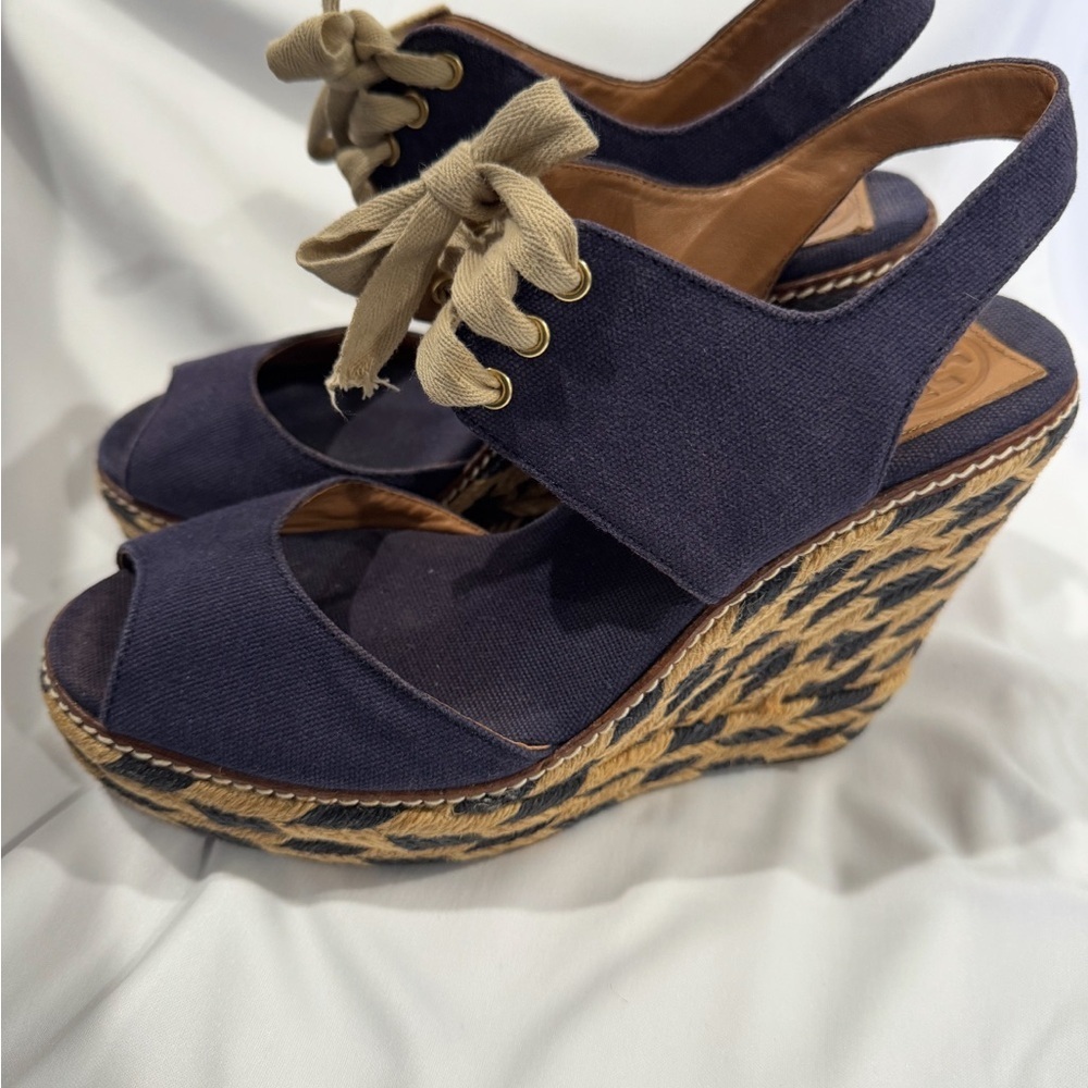 Tory Burch Navy and Tan Espadrille Wedges - Picture 2 of 8
